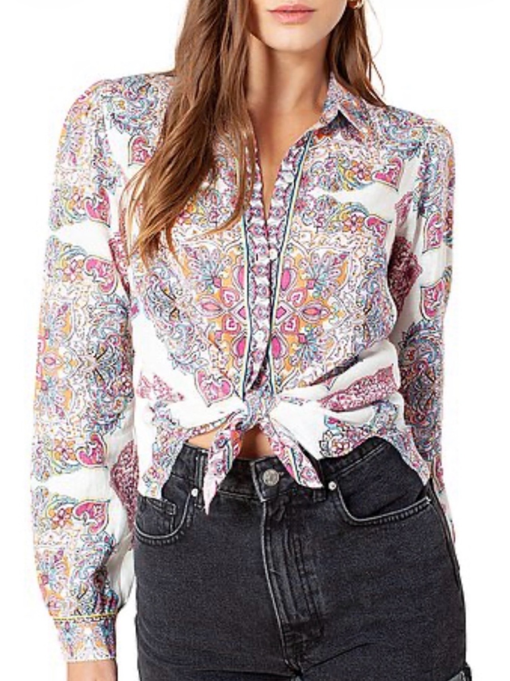 Hale Bob Button-Down Linen Paisley Shirt with Pink & Orange Accents